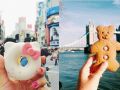 Kitty Donut no cruzamento de Shibuya, em Tquio; Biscoito de urso na Tower Bridge, em Londres.