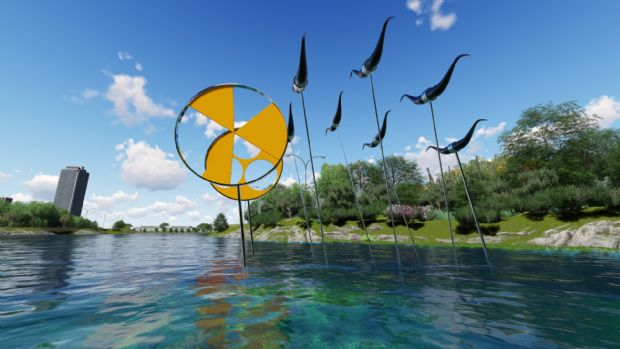 Escultura de Humberto Espndola em homenagem a Cuiab  feita para ambiente aqutico