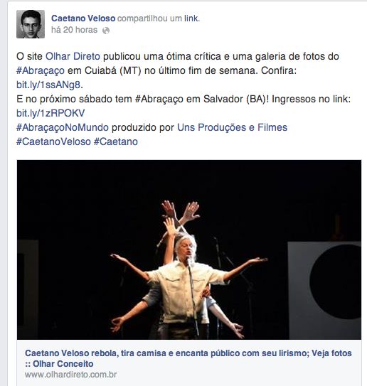 Na vspera de seu aniversrio, Caetano Veloso elogia Olhar Direto no seu facebook