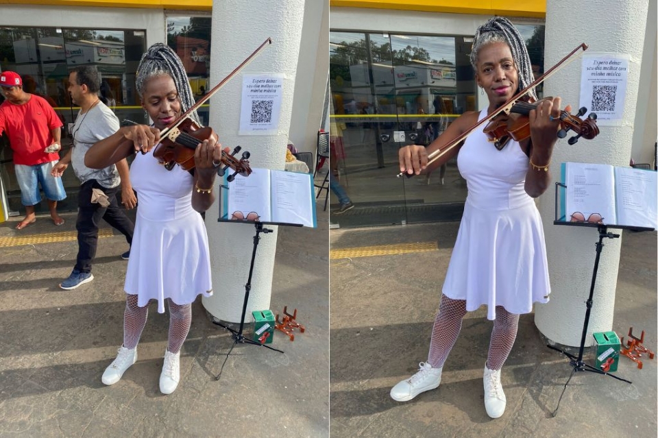 Musicista baiana toca violino nas ruas de Cuiab e agradece hospitalidade: 'muito bem recebida'