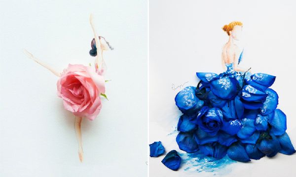 Artista mistura aquarela e ptalas de flores de verdade para criar desenhos de mulheres e seus vestidos