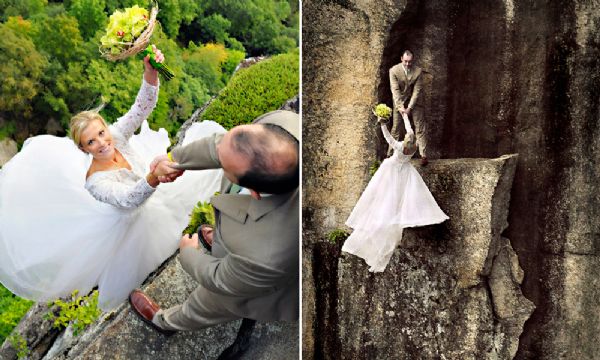 Fotógrafo cria álbuns de casamento incríveis (e assustadores!) a mais de 100 metros de altura