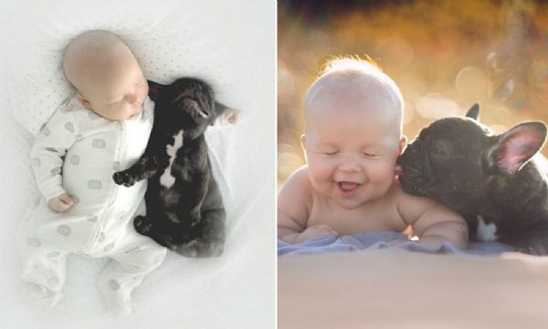 Me cria srie fotogrfica mostrando amizade entre beb e bulldog que nasceram no mesmo dia