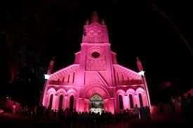 Santurio Nossa Senhora Auxiliadora iluminado de rosa para a campanha 