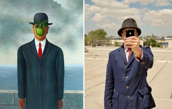 Acima Son Of Man de Magritte, com releitura feita por Juan de Ezcurra.