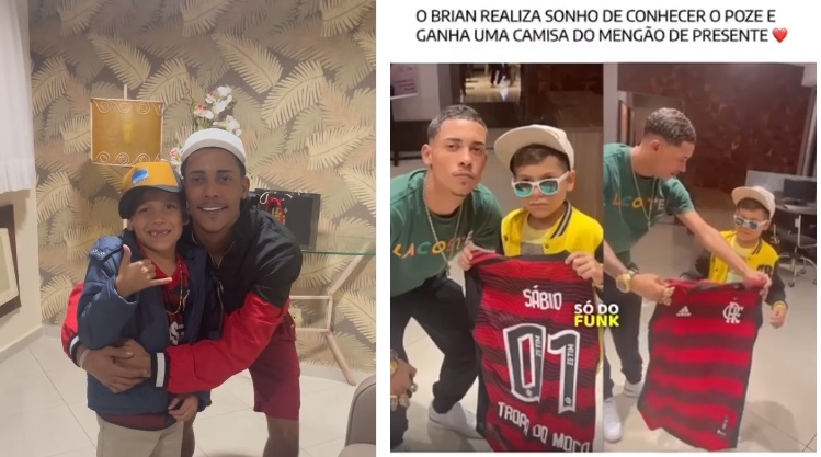 Fã de 7 anos realiza sonho de conhecer Poze do Rodo em Cuiabá, ganha camisa do Flamengo e consegue contato com agência de modelo