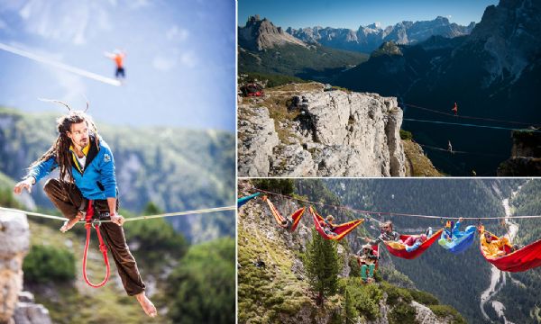 Atletas praticam slackline a mais de 100 metros de altura em meio aos alpes italianos