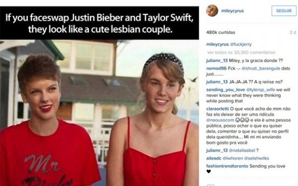 Miley Cyrus postou em seu Instagram montagem com Justin Bieber e Taylor Swift