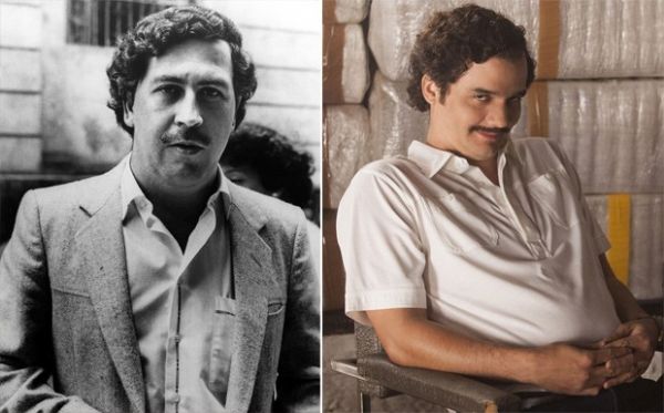 Pablo Escobar e sua versão interpretada por Wagner Moura na série 'Narcos'